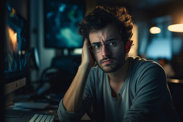 Secret hacker organization workplace data IT specialist near big screen with code Generative AI