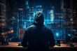 Generative AI portrait hacker in dark room secret organization community specialists