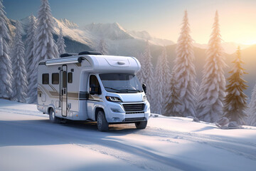 motorhome or big family van in a road trip, winter forest natural background