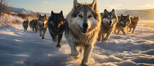 Pack Of Wolves Walking In Snow