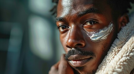 Sticker - African American Man applying moisturizer cream on his face in the bathroom