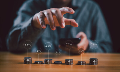 Aufkleber - Investor, investment, fund, trader, stock market, businessman stacking coins different height with percentage for interest rating from differ investment, Financial profit return and dividend concept.