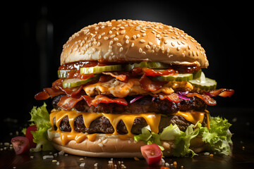 Wall Mural - Bacon cheeseburger, dramatic studio lighting and a shallow depth of field, placed on a reflective black surface.no.04