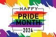 Happy pride month 2024 text with lgbtq+ colors vectors illustration. concept for respecting and supporting the diversity of LGBTQ+ genders in pride month.