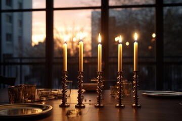 Poster - A wooden table with candles placed next to a window. Perfect for adding a cozy and warm atmosphere to any space