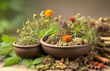 Indian natural herbal medicine close up on natural background