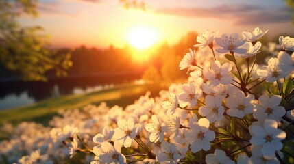 Aufkleber - A beautiful field of white flowers with the sun setting in the background. Perfect for nature and landscape themes