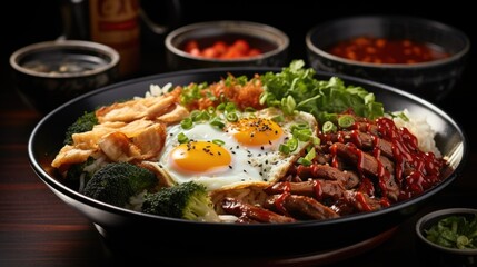 Wall Mural - A bowl of food with a fried egg on top of it.