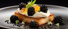Colorful Mini Brioche Toast At Luxury Restaurant Carre D' Or In Nice, France, Topped With Creme Fraiche And Black Sturgeon Caviar.
