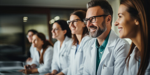 A group of medical doctors in a clinic at a conference or meeting are discussing and watching a presentation. Consilium.