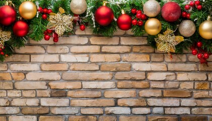 Wall Mural - red christmas or new year background, christmas object, balls and a brick wall in the back with space for you text and logo