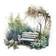 A secret cozy corner in the summer garden. Lush vegetation, trees and grass around the bench, blooming garden, watercolor illustration isolated on a white background.