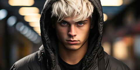 Focused Young Athletic Man with Platinum Blonde Hair Wearing a Black Hoodie, Intensity in His Eyes