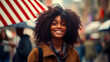 Happy, afro black woman with flag in the city on the Independence Day holidays of the United States of America. American President's Day, USA Independence Day, American flag colors background, 4 July