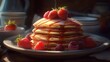 pancakes with syrup and strawberry. Created with Generative AI.