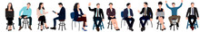 Diverse Business People Sitting, Taking Part In Meeting, Business Event. Set Of Different Men, Women Sitting On  Armchair, Stool. Inclusive Business Concept. Vector Illustration Isolated.
