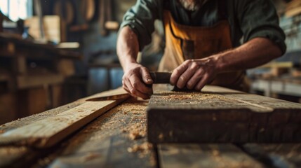 Wall Mural - man owner a small furniture business is preparing wood for production. carpenter male is adjust wood to the desired size. architect, designer, Built-in, professional wood, craftsman, workshop.