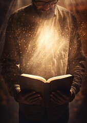 a Christian black man reading a Holy Bible under the sun's rays. Man praying. vertical orientation