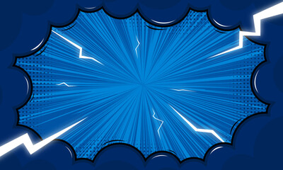 Blue comic background with cartoon cloud and lightning effect