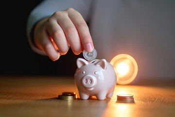  classic moment of a hand releasing a coin into a piggy bank. Ensure the background is neutral and empty, emphasizing the act of saving. Use cinematic lighting to add depth and wa