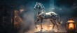 Horse figurine in misty night, artistic table decor with vivid backlight and foggy ambiance.