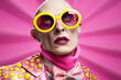Older eccentric bald man in vibrant costume, wearing makeup, trendy yellow sunglasses , fun suit and bow tie, on pink background. Concept of strange weird  clown show, irrational and weird behavior. 