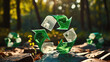 Green recycling symbol made out of broken glass,depicts a sustainable concept with an artistic touch. Perfect for eco-friendly campaigns, environmental awareness materials, and recycling initiatives