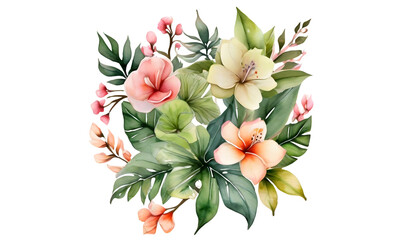 Canvas Print - Watercolor Tropical Spring Floral Design, Green Leaves and Flowers, Isolated on a Transparent Background, wedding invitations, greeting cards, gift tags illustration, leaves and branches, PNG	