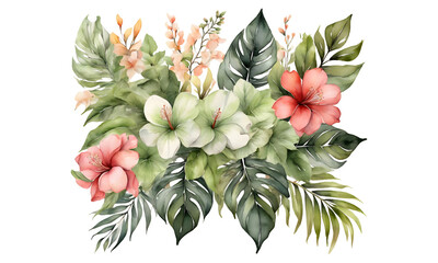 Wall Mural - Watercolor Tropical Spring Floral Design, Green Leaves and Flowers, Isolated on a Transparent Background, wedding invitations, greeting cards, gift tags illustration, leaves and branches, PNG	