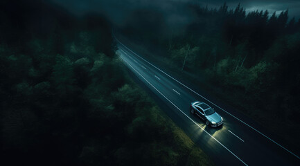 Wall Mural - a green car driving on a road through the woods