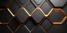 Black Background With Shiny Black And Gold Hexagonal Shapes. Generative AI