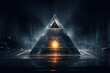 A triangle with a light at the end of it. Mystical pyramid, a structure associated with supernatural or mystical beliefs.