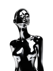 Poster - futuristic chrome woman mannequin isolated. shiny gloss metal human sculpture. y2k liquid metal musi