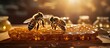 Selective focus on bees and honeycomb during honey collection by beekeeper.