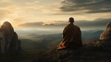 Fototapeta  - Buddhist monk man meditating. Calm beautiful mountains landscape. Buddhism religion. Person sit in lotus pose. Zen yoga practice. Peaceful nature beauty. Asian spiritual asana. Asia culture harmony.