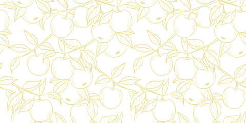 Poster - Line art apple vector pattern background, seamless repeating wallpaper, delicate hand drawn line art illustration banner