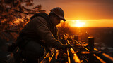Fototapeta Londyn - welder at work in the factory at sunset