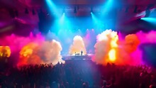Live Concert With Bright Stage Lights And Smoke, DJ Performing In Front Of An Enthusiastic Crowd. Concept: Music Events, Festivals And Club Culture
