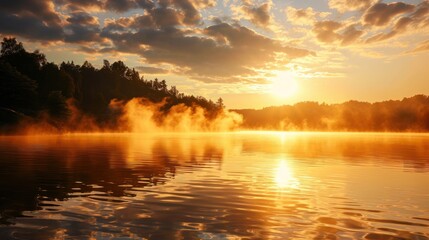 Poster - Golden sunrise over a peaceful lake with mist rising from the water.