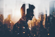 Double exposure portrait photo, man and city space blend together, peace of mind,abstract mentation,meditation,contemplative,philosophy, silhouett,property market, stock market, businessman, business