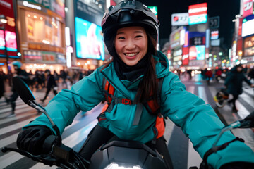 Wall Mural - Beautiful woman riding a motorcycle in the middle of a busy city street at night, helmet, illuminated