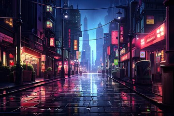 Poster - illustration of a street in the city at night with neon lights, ai generated
