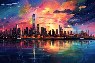 Canvas Print - Illustration of Shanghai skyline at sunset, China. Painting effect, AI Generated