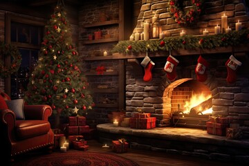 Sticker - Christmas interior with fireplace and christmas tree. 3D rendering, AI Generated