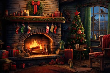 Wall Mural - Christmas room with fireplace and christmas tree. 3D rendering, AI Generated