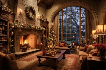 Wall Mural - Interior of a living room with fireplace and christmas tree, AI Generated