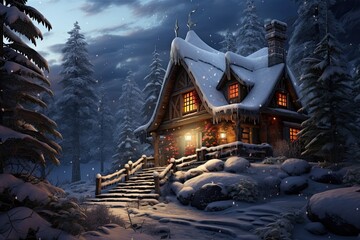 Wall Mural - Beautiful wooden house in the winter forest at night. Christmas background, AI Generated