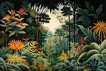 Poster - Illustration of a fantasy forest with flowers and ferns, AI Generated