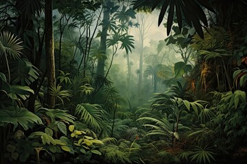 Poster - 3d rendering of the jungle with trees and plants in the background, AI Generated