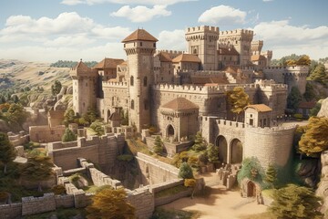 Poster - Fantasy landscape with medieval castle. 3d rendering. Computer digital drawing, AI Generated